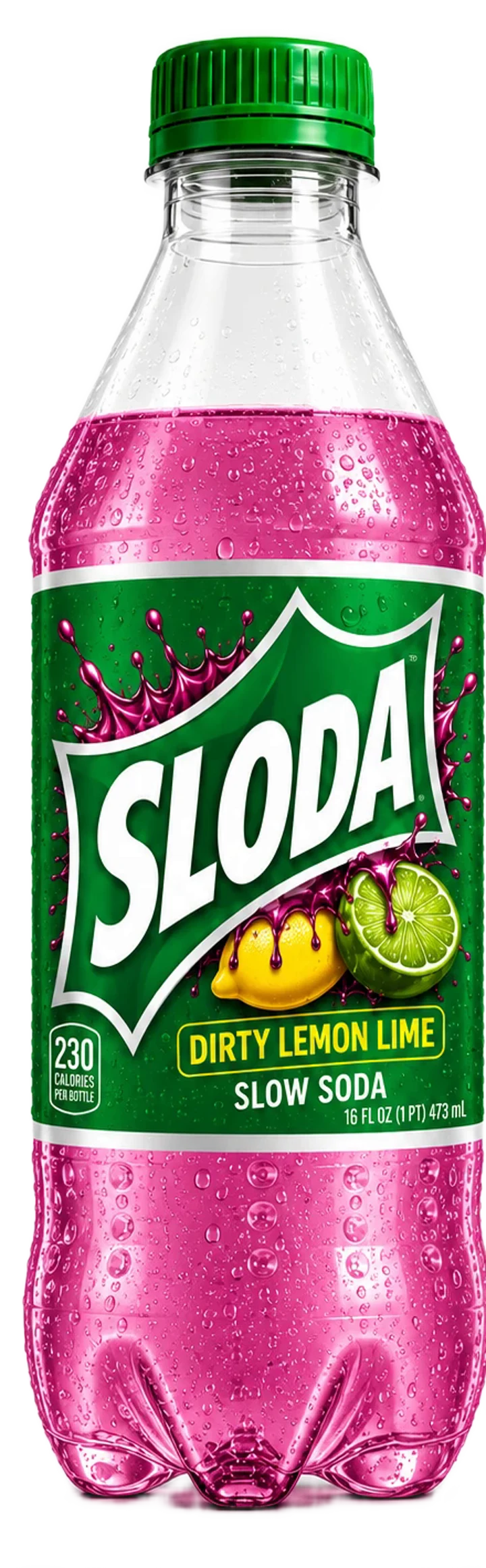 A 16 ounce bottle of Sloda Dirty Lemon Lime with a green label and pink soda inside